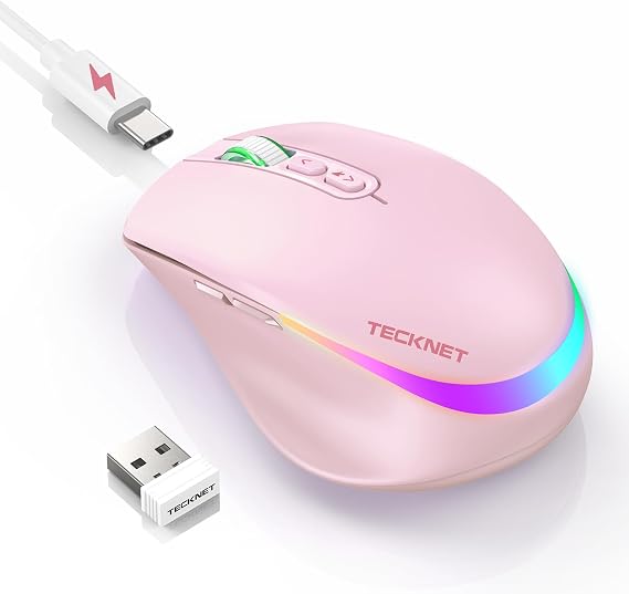 TECKNET Wireless Mouse Jiggler, Rechargeable Mouse with Built-in Mouse Mover, 6 Adjustable DPI & 14 LED Modes, Silent Click, Undetectable Random Movement Keeps Computer Awake for Laptop/PC/Mac- Pink
