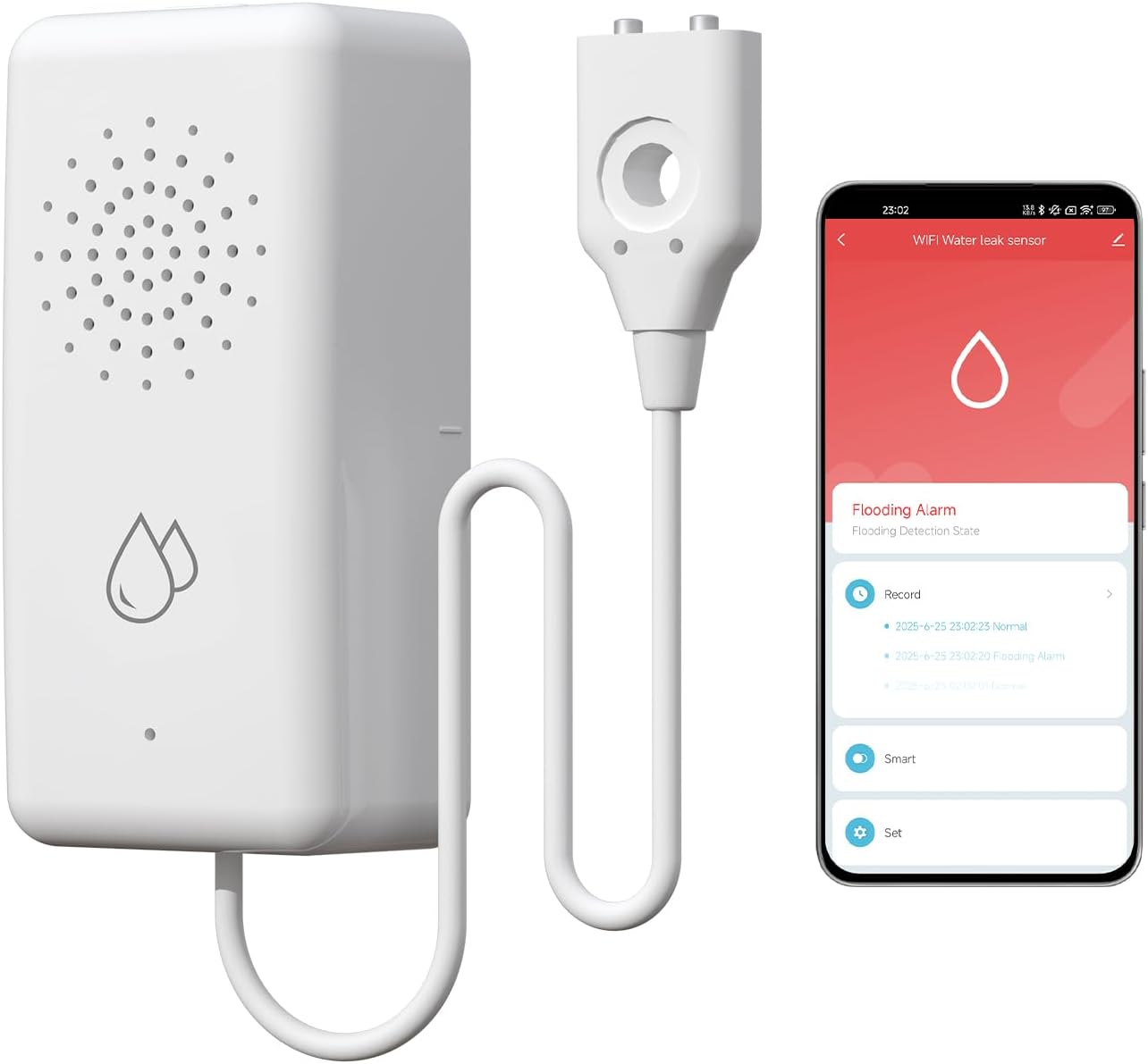 WiFi Water Leak Detector with Cable – 85dB Alarm, App & SMS Alert, IP65 Waterproof, No Hub Required