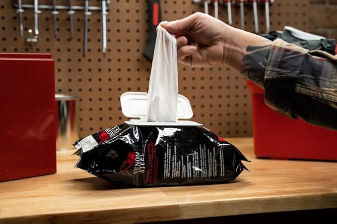 Venom Steel Workshop Wipes with Scrubbing Beads, for Grease, Grime, Oil, Paint & Caulk, Safe on Hands, Tools, Non Porous Surfaces & Stainless Steel - Light Citrus Scent, 8" x 12" Cloths, 240 Wipes