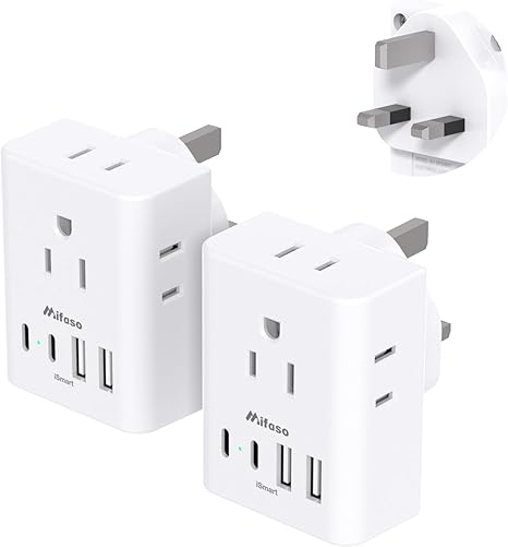 2 Pack US to UK Ireland Travel Plug Adapter, Type G Plug Adapter with 4 Outlets 4 USB Ports (2 USB C), UK Power Adapter for USA to London England Scotland British Kenya Qatar Hongkong