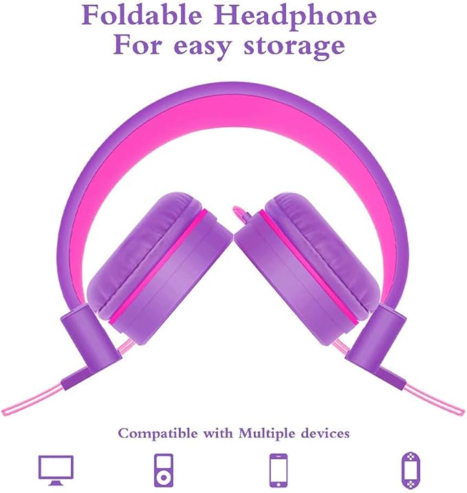 ELECDER i37 Kids Headphones for School Travel, On Ear Headphones Wired with Foldable Corded Stereo Sound 3.5mm Headset for Kid Children Teens Boys Girls Smartphones Computer Kindle Tablet, Purple