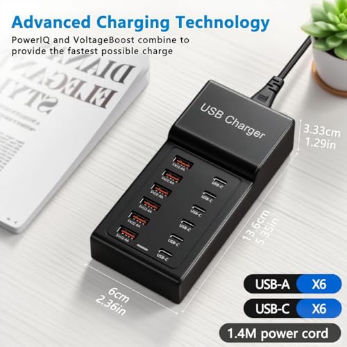 Multi USB Charger USB C Charging Station Block 50W 12 Ports Multiple USB C Hub USB Charging Strip for iPhone 13/14/15/16/Smartphone/Tablet