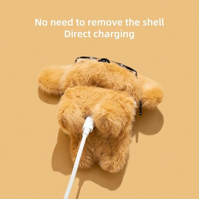 SGVAHY Furry Case for AirPods 1&2 Funny Cute 3D Cartoon Plush Design Puppy with Glasses Soft Warm Fluffy Cover with Keychain Kawaii Anti-Fall Protective Case Women Girls