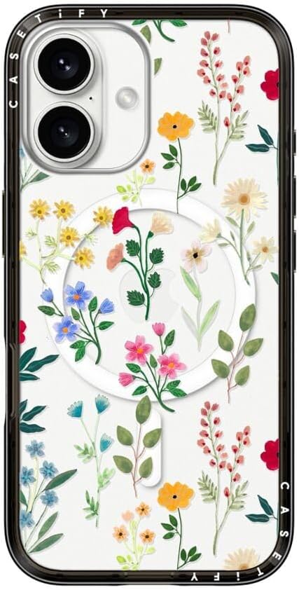 CASETiFY Compact iPhone 16 Case [Slim and Sleek/Compatible with Magsafe / 4 ft. 2X Military Grade Drop Protection] - Spring Botanicals 2 - Clear Black