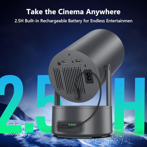 Portable Projector with Built-in Apps & Rechargeable Battery, Mini Projector with WiFi and Bluetooth, Electric Focus, Auto Keystone, 210° Rotatable Stand for Outdoor Movies & Travel( Iron Gray)