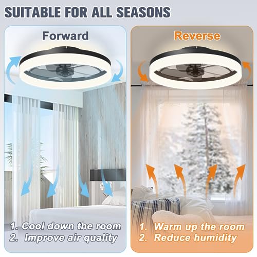 VOLISUN Low Profile Ceiling Fans with Lights and Remote, Fandelier Ceiling Fan Flush Mount, 3000K-6500K Smart Bladeless LED Fan Light, Black Modern Ceiling Fans with Lights for Bedroom