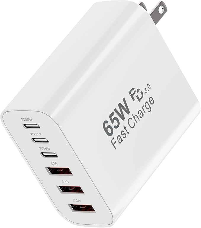 USB C Wall Charger Block, 65W GaN 6-Port Fast Charging Block,PD USB C Plug Adapter+QC Plug Compatible with iPhone iPhone 17/17 Plus/17 Pro Max/16/16 Plus/16 Pro Max/15 Pro Max/iPad Pro/14/13/12/11/SE