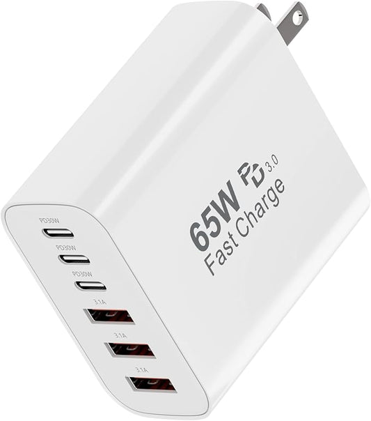 USB C Wall Charger Block, 65W GaN 6-Port Fast Charging Block,PD USB C Plug Adapter+QC Plug Compatible with iPhone iPhone 17/17 Plus/17 Pro Max/16/16 Plus/16 Pro Max/15 Pro Max/iPad Pro/14/13/12/11/SE