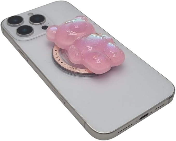 Cute Kawaii 3D Bear Phone Grip Stand, Iridescent Holographic Resin Cell Phone Holder & Kickstand, Compatible with iPhone, Samsung Galaxy, Android (Candy Pink)