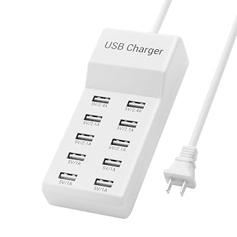 USB Charging Station 50w10A 10-Port Charger, Multiport Charger Hub, Compatible with iPhone, Galaxy, iPad Tablet, and Other Devices（White）