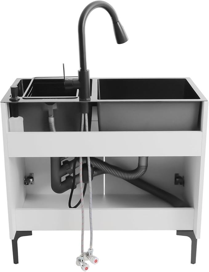 32-Inch Utility Sink Cabinet with Pull-Out Sprayer Faucet, Laundry Sink with Cabinets and Stainless Steel Double Sinks, Freestanding Cabinet with Sink for Laundry&Utility Room, Kitchen, Bathroom