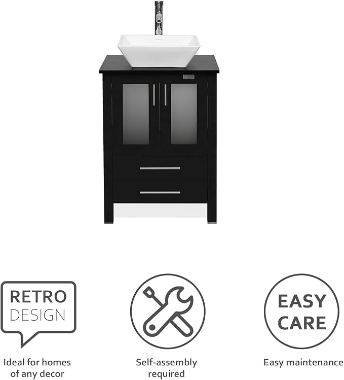 eclife 24" Modern Bathroom Vanity Sink Combo Freestanding Cabinet with Soft Closing Door, White Square Ceramic Vessel Sink, Water Save Faucet, Drain (Black+A07)