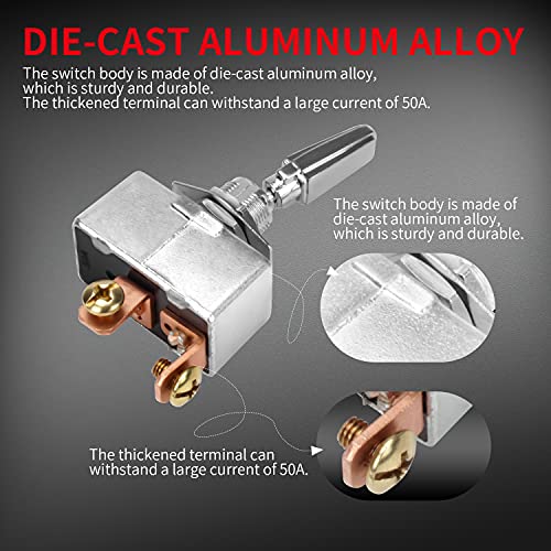 DaierTek Heavy Duty 50 Amp 12V Toggle Switch Automotive 2 Position ON Off Rocker Switch SPST 2 Pin Metal Chrome Plated Screw Terminal (2pcs)