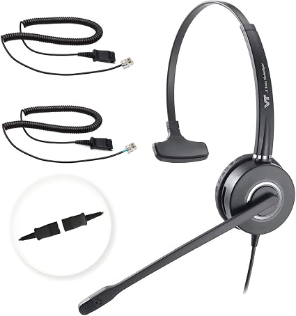 Telephone-Headset with Noise-Cancelling Microphone – Call Center Quick Disconnect (QD) Headset with RJ09 Cables, compatible with Yealink, Grandstream, Polycom, Snom, Fanvil, and Mitel Phones (Mono)