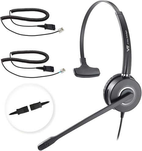 Telephone-Headset with Noise-Cancelling Microphone – Call Center Quick Disconnect (QD) Headset with RJ09 Cables, compatible with Yealink, Grandstream, Polycom, Snom, Fanvil, and Mitel Phones (Mono)