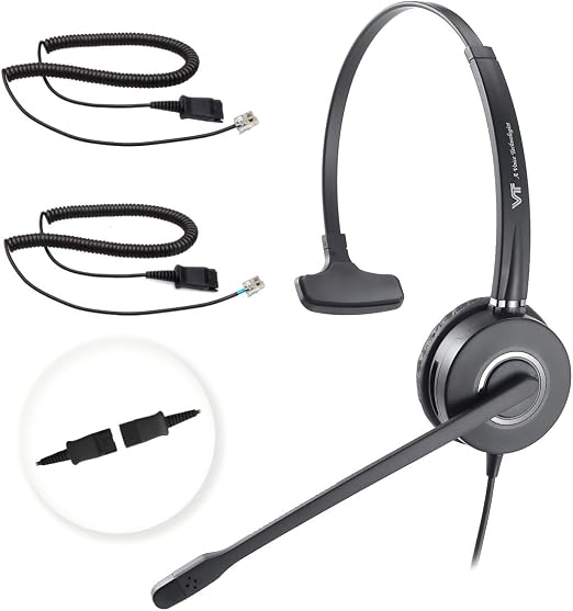 Telephone-Headset with Noise-Cancelling Microphone – Call Center Quick Disconnect (QD) Headset with RJ09 Cables, compatible with Yealink, Grandstream, Polycom, Snom, Fanvil, and Mitel Phones (Mono)