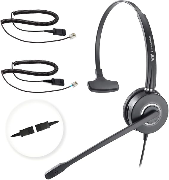 Telephone-Headset with Noise-Cancelling Microphone – Call Center Quick Disconnect (QD) Headset with RJ09 Cables, compatible with Yealink, Grandstream, Polycom, Snom, Fanvil, and Mitel Phones (Mono)