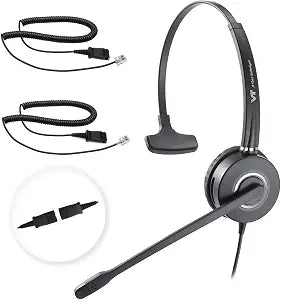 Telephone-Headset with Noise-Cancelling Microphone – Call Center Quick Disconnect (QD) Headset with RJ09 Cables, compatible with Yealink, Grandstream, Polycom, Snom, Fanvil, and Mitel Phones (Mono)