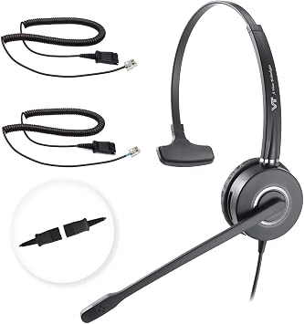 Telephone-Headset with Noise-Cancelling Microphone – Call Center Quick Disconnect (QD) Headset with RJ09 Cables, compatible with Yealink, Grandstream, Polycom, Snom, Fanvil, and Mitel Phones (Mono)