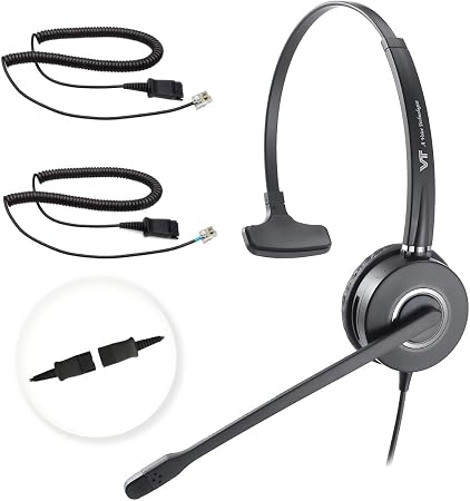 Telephone-Headset with Noise-Cancelling Microphone – Call Center Quick Disconnect (QD) Headset with RJ09 Cables, compatible with Yealink, Grandstream, Polycom, Snom, Fanvil, and Mitel Phones (Mono)