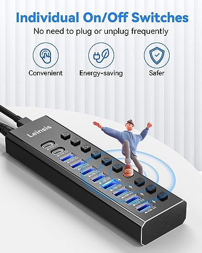 Powered USB Hub 3.2, LEINSIS 10-Port USB 3.2/USB C Hub (10Gbps USB-A 3.2 +2 USB-C 3.2 +7 USB 3.0 Ports) with Individual On/Off Switches and 12V Power Adapter, Aluminum USB Hub Powe - Image 6