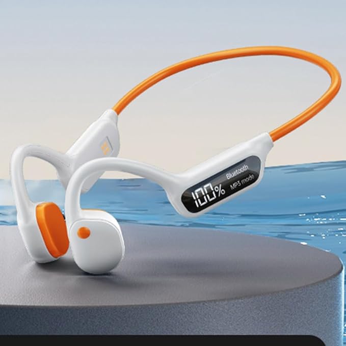 AYI True Bone Conduction Swimming Headphones with Bluetooth 5.4 & MP3 Player Mode 32GB Built-in Memory IPX8 Waterproof Screen Display Pain-Free Open-Ear Earphone for Sport and Work-X10 White