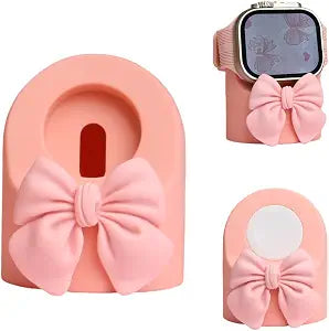 Charger Dock for Apple Watch Ultra/10/9/8/7/6/5/4/3/2/1/SE2/SE, iWatch Cute 3D Bow Tie Silicone Charging Desk Stand Holder, Pink Bow