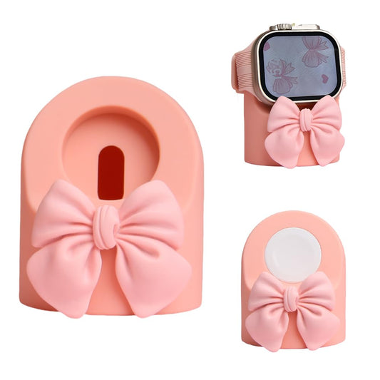 Charger Dock for Apple Watch Ultra/10/9/8/7/6/5/4/3/2/1/SE2/SE, iWatch Cute 3D Bow Tie Silicone Charging Desk Stand Holder, Pink Bow