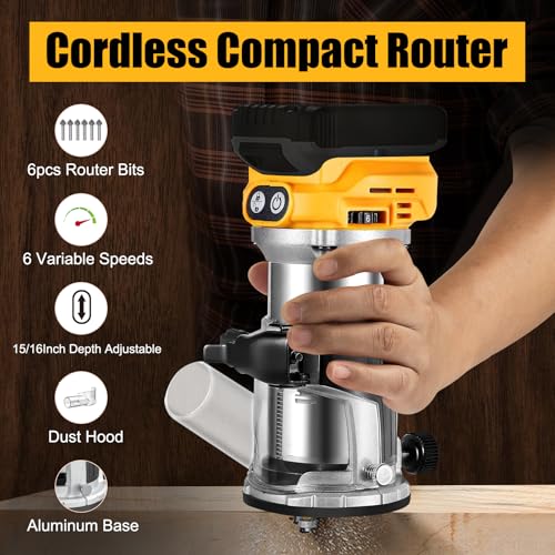Cordless Compact Router compatible with Dewalt 20V Battery,6 Speeds 800W 30,000 RPM Brushless Router for Woodworking with Router Bits,Edge & Roller Guide,Dust Hood
