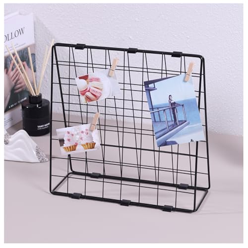 Photo Display Rack, Note Display Rack, Double sided Photo Metal Rack, Desk Photo Manager, With 20 Wooden Clips, Black