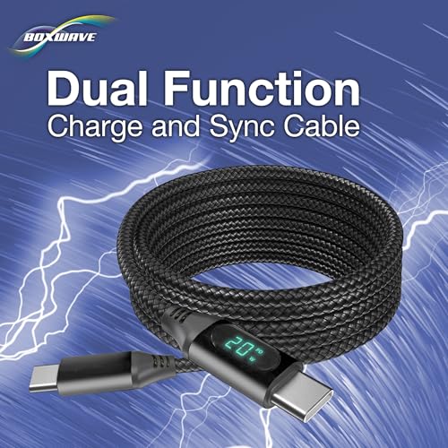 BoxWave Cable Compatible with Motorola Moto Pad 60 - PowerDisplay PD Cable (6ft) - USB-C to USB-C (100W), LED Wattage Info Extra Long Braided Nylon - Jet Black