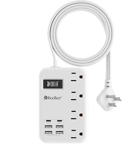 Beeiker 6 USB (2 USB C) Travel Power Strip,3 Feet,4 Outlets,Flat Plug