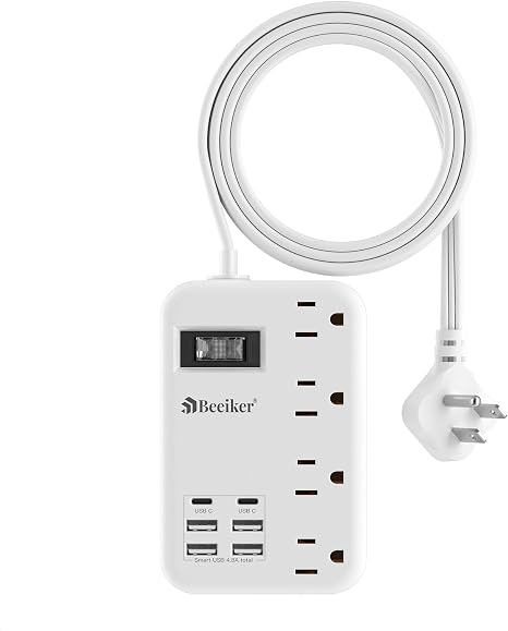 Beeiker 6 USB (2 USB C) Travel Power Strip,3 Feet,4 Outlets,Flat Plug
