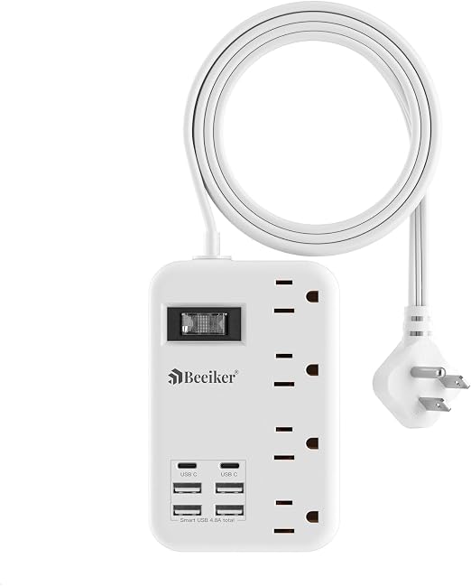 Beeiker 6 USB (2 USB C) Travel Power Strip,3 Feet,4 Outlets,Flat Plug