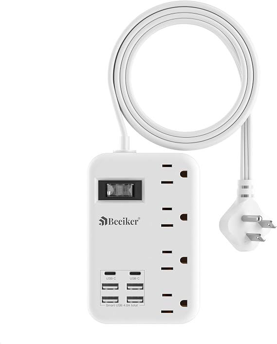 Beeiker 6 USB (2 USB C) Travel Power Strip,3 Feet,4 Outlets,Flat Plug