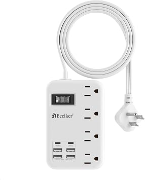 Beeiker 6 USB (2 USB C) Travel Power Strip,3 Feet,4 Outlets,Flat Plug