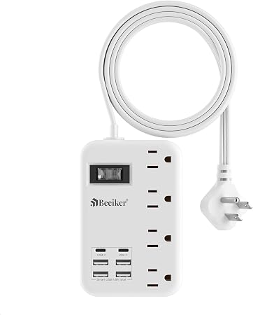 Beeiker 6 USB (2 USB C) Travel Power Strip,3 Feet,4 Outlets,Flat Plug