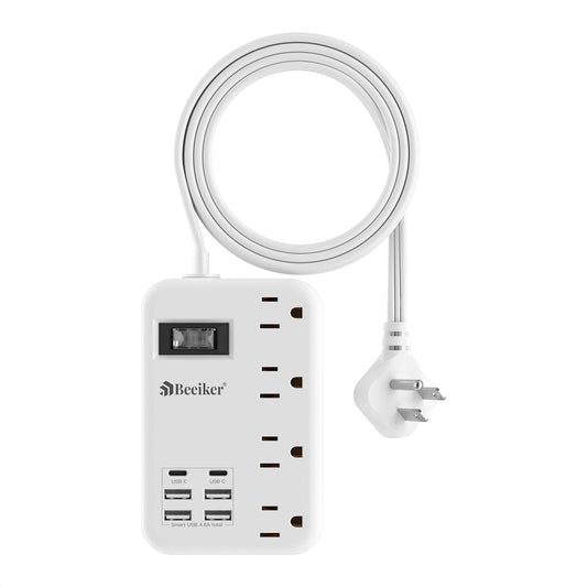 Beeiker 6 USB (2 USB C) Travel Power Strip,3 Feet,4 Outlets,Flat Plug