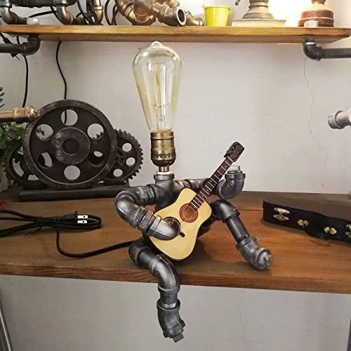 Steampunk Guitar Pipe Robot Table Lamp, Adjustable Industrial Water Pipe Desk Lamp with Wooden Guitar & Edison Bulb,Music Lovers, Bedside, Bar Cafe - Cool Unique Gifts
