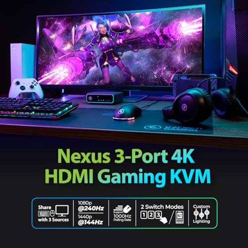 IOGEAR Nexus 3-Port 4K HDMI Gaming KVM Switch – Supports PS5/PS4, Xbox Series X|S, Nintendo Switch, PC – 1440p 144Hz, 1080p 240Hz, USB 3.2 Hub, RGB, Keymander App — GCS1337