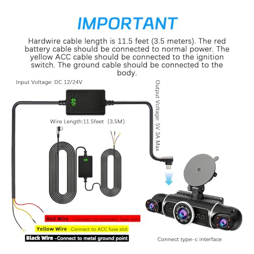 Dash Cam Hardwired Kit, 12V-24V to 5V Adapter Power Cable, 24/7 Parking Mode, with Voltage Display, Acc Detection, 4-Level Low Voltage Protection (11.6V/11.9V/12.2V/12.5V)，for 90% of dashcams
