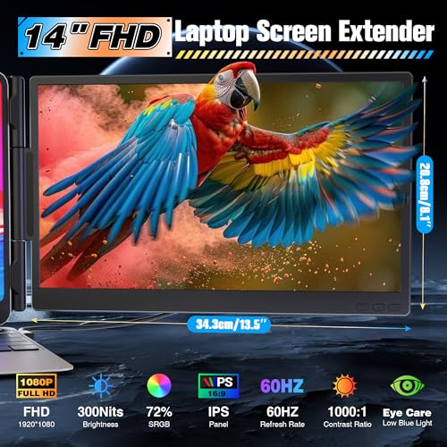 Laptop Screen Extender 14", Ultra Thin 0.27" FHD 1080P Portable Monitor for Laptop 13-17.3", Plug n Play Extra Monitor Extender, Eye Care Second Screen for MacBook/Windows/Android/Switch/PS5