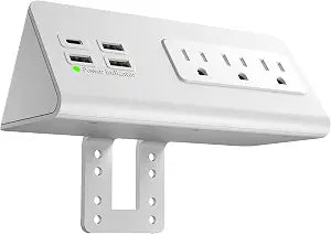 Electriduct Edge Mount Nightstand Charger 6 Amp 1 USB-C Charging Port + 3 USB-A Charging Ports, 3 AC Power Strip Outlets Clamp Desk Power Center - White