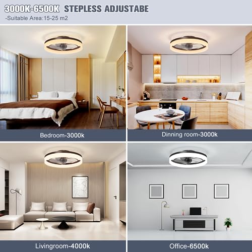 VOLISUN Low Profile Ceiling Fans with Lights and Remote, Fandelier Ceiling Fan Flush Mount, 3000K-6500K Smart Bladeless LED Fan Light, Black Modern Ceiling Fans with Lights for Bedroom