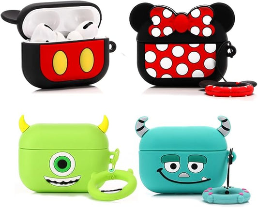 (4Pack) Case for AirPods Pro 2nd/1st Generation (2022/2019) with Carabiner, XMBYGY Cute Skin Design Silicone Cartoon Charging Case Protective Covers for Boys Girls (MK+MN+MrQ+Monster)