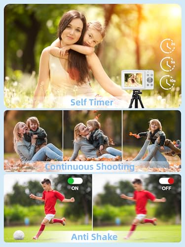 Digital Camera 1080P with 32G Card 16X Zoom & Flash Compact for Kid, White