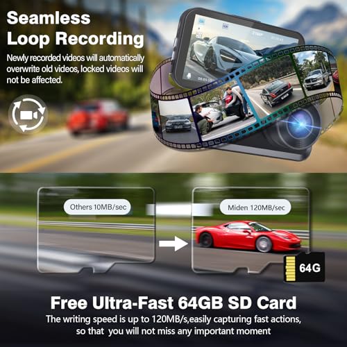 Miden 4K+2.5K Dash Cam Front and Rear,Free 64G SD Card,2160P+1600P UHD Dual Dash Camera for Cars,176°+160°Wide Angle,3.5 ''IPS Screen Dashcam,Loop Recording,G-Sensor,Night Vision,24H Parking Monitor