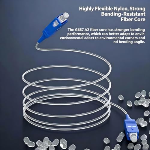 SC-SC UPC Single Mode Invisible Flat Fiber Optic Cable 20M, Insertion Loss ≤0.3dB, Return Loss ≥50dB Ultra Thin Wall Hidden FTTH Internet Cord with 20Pcs Clear No-Drill Adhesive Cable Clips