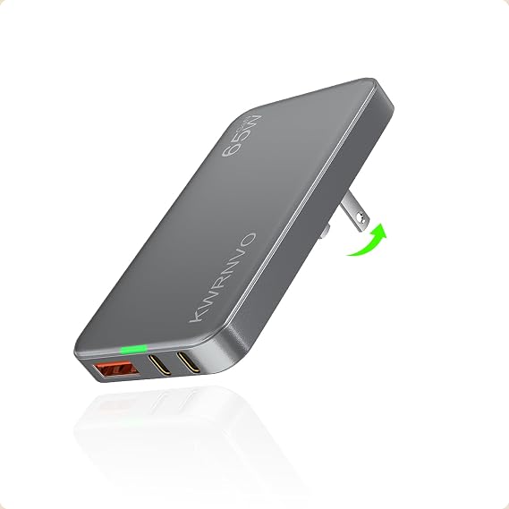 Flat USB Wall Charger, GaN Charger 3 Ports with 2×Type-C and 1×USB-A Ports, Ultra-Slim Fast Wall Plug for MacBook Pro/Air, Pixelbook, iPad Pro, iPhone17/ 16/15/14 Grey