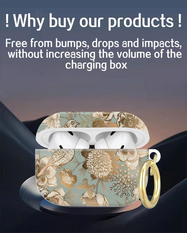 Compatible with AirPod Pro 2nd/1st Generation Case Cover with Key Chain,Full Protective Shockproof Wireless Headphone Case for Airpod Pro 2023/2022/2019(Golden Retro Flower and Bird)